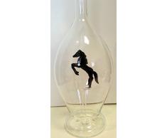 Jarra de cristal claro, decantador, botella, garaffa de vidrio soplado a boca con un cavallo negro de vidrio de color en el interior, parra rellenar, altura circa 30 cm y capacidad 0,5 litro, diseñado y fabricado por la Oberstdorfer Glashütte