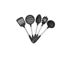 Relaxdays Juego de Cinco Utensilios de Cocina, Cucharón, Cuchara de Servir, Tenedor de Espaguetis, Espátula, Espumadera, Plata-Negro, Acero Inoxidable. 5,5 x 8 x 33 cm