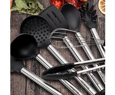 Utensilios de Cocina, 6 Piezas Herramientas de Cocina Antiadherente Anti-Rayones, Utensilios de Nylon y Acero Inoxidable-Cuchara, Colador, Espátula, Cucharón, Servidor de Pasta, Pelador (gris)