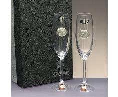 Set/Estuche de 2 Copas de champán para Novios, Bodas de Plata/Oro, Aniversarios, colección ALIANZAS, Aplique bilaminado.