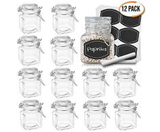 12 Frascos de Vidrio Pequeños con Tapa de Clip, 100ML - Herméticos y Duraderos Tarro Cristal con Etiquetas y Tiza| Hierbas Especias Mermeladas Conservas| Cumpleaños Boda Fiesta Decoraciones.