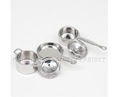 Odoria 1/12 Miniatura 3PZ Batería de Cocina Plata Cazo Sartén y Cacerola Cocina Accesorio para Casa de Muñecas