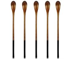 AOOSY Cucharas de madera, cuchara de mango largo de madera 5 piezas Juego de cucharas de mezcla de madera natural para café, té helado, bebidas calientes (marrón oscuro)