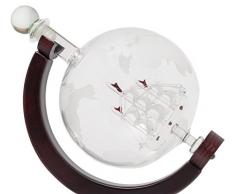 Decantador Para Licores Whisky Vino o - 850 ML decorativa grabada - diseño de globo terráqueo de Cristal hechos a mano de madera de acabado oscuro - Soporte Calidad - Incluye BONUS Bar Embudo