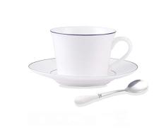 QTQHOME Set De Taza De Porcelana,Taza Espresso con Cuchara Y Salsa,Copa Demitasse De 7 Onzas Borde Azul Blanco 14x6cm(6x2inch)