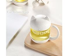 BigNoseDeer Taza de té de Cristal del Gato Taza De Agua Bottle-with Fish Tea Filtro Filtro de infusión 250ml (8oz) (Blanco)