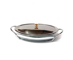 Fuente oval para horno y microondas de cristal con tapa y soporte de acero inox