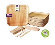 GoBeTree Vajilla desechable de 75 Piezas, 25 Platos de Hoja de Palma Cuadrados, Juego de Cubiertos de Madera Abedul de 25 Tenedores y 25 Cuchillos, vajilla Rustica y Elegante, vajilla Biodegradable