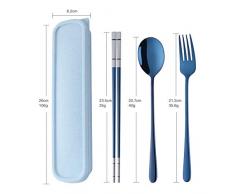 Set de Cubiertos de Viaje Acero Inoxidable 304 Vajilla Portatil Cuchara Tenedor Palillo con Caja de Almacenamiento Azul - DoBuy