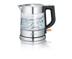 SEVERIN Hervidor de agua de cristal, jarra para hervir agua con conexión inalámbrica, potente y compacta, hervidor eléctrico con filtro antical, acero inoxidable/negro, WK 3468