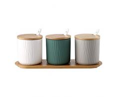 OnePine Juego de 3 Tres Colores Azucarero, azucarero de cerámica azúcar Pot con Tapa de bambú y Cuchara, Cocina