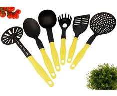 6 pzas. adminículo de la cocina set de plástico resistente al calor hasta 260 ° c con espátula espaguetis cuchara potato masher servicio cuchara cucharón de sopa y skimmer. lavaplatos automático. amarillo / negro