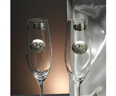Set/Estuche de 2 Copas de Champán para Novios, Bodas de Plata/Oro, Aniversarios + Bandeja de Cristal, Colección ALIANZAS, Aplique bilaminado.