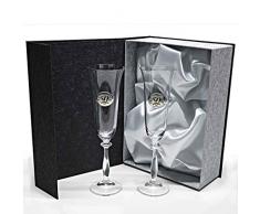 Set/Estuche de 2 Copas de champán para Novios, Bodas de Plata/Oro, Aniversarios, colección ANGELA-50 Aniversario, Aplique bilaminado.