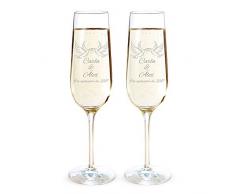 AMAVEL - Set de Dos Copas de Champán con Grabado para Boda - Palomas - Personalizado con 2 Nombres y Fecha- Regalos para Boda - Ideas para Regalos Individuales - 200 ml
