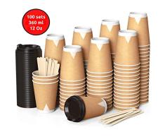 100 Kraft Vasos Desechables 360 ml de Doble Pared de Café Para Llevar - Vasos Carton con Tapas y Agitadores de Madera para Servir el Café, el Té, Bebidas Calientes y Frías