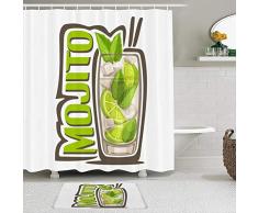 KISSENSU Cortinas con Ganchos,Barra Verde Alcohol Cóctel Mojito Vaso Lleno Comida Larga Bebida Bebida Caipirinha Cítrico Frío Claro,Cortina de Ducha Alfombra de baño Bañera Accesorios Baño Moderno