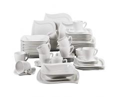 MALACASA, Series Elvira, Vajillas de Porcelana, 60 Piezas, Juego de Café, con 12 Tazas, 12 Platos Llanos, 12 Platos, 12 Platos de Postre, 12 Platos de Hondos, para 12 Personas Color Blanco