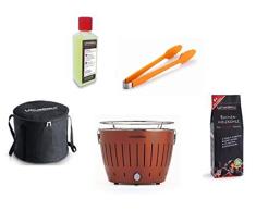 LotusGrill - Set de iniciación (1 parrilla azul ultramarino con conexión USB, 1 carbón de haya de 1 kg, 1 pasta de combustión de 200 ml, 1 pinzas de barbacoa naranja y 1 bolsa de transporte, Cobre marrón.