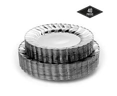 40 Platos Desechables de Plástico Duro, Elegante Plateado| 2 Tamaños (20 Platos Grandes, 20 Platos Postre)| Resistente y Reutilizable| Vajilla de Plata Premium| Bodas Fiestas Cumpleaños Navidad.