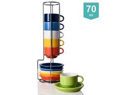 Sweejar - Juego de tazas de café y platillo de porcelana apilables Demitasse con soporte de metal, 2.5 oz para latte, café, café moca, té, juego de 6 multicolor