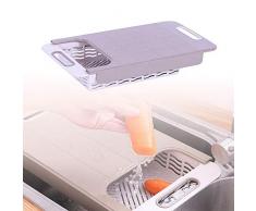QYWJ Tabla de Cortar con Bandeja, Bloque de Corte extraíble 3 en 1 con Asas Extensibles, Tabla de Cortar Multifuncional sobre Fregadero para Carne, Verduras, Pan o Queso