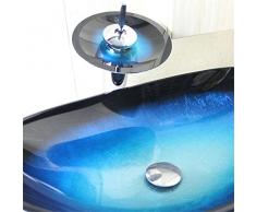 Conjunto de Lavabo - HomeLava Lavabo Sobre Encimera con Grifo Cascada ,Drenaje de Agua y Anillo de Montaje