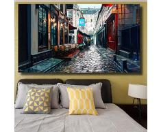Impresión de la lona Decoración de la pared Pintura de la calle Adoquín Piedra Linterna Silla Paraguas Pintura Imágenes de la pared para la sala de estar Dormitorio Decoración-60X90Cm Sin marco