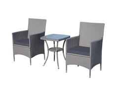 Outsunny Conjunto de Muebles Ratán para Jardín Formado por 1 Mesa y 2 Sillones con Cojines Estructura de Metal y Ratán Gris