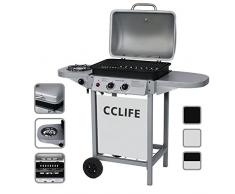 CCLIFE Carro Barbacoa de Gas Parrilla Barbacoa Gas con 2+1 quemadores 2 Fuegos BBQ, Tamaño:2+1 Plata