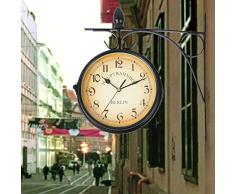 Samger Samger Reloj de Doble Cara Jardín Tren Estación Reloj de Pared con Soporte (Negro)