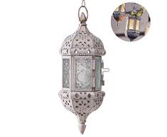 BovoYa Hanging Candle Lantern Retro Marroquí Candelabro Hollow Metal Glass Candelabro Linterna con Cadena Colgante para el Patio del hogar Decoraciones navideñas