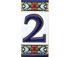 ART ESCUDELLERS Números casa. Numeros y Letras en azulejo Ceramica policromada, Pintados a Mano técnica Cuerda Seca. Nombres y direcciones. Diseño Flores Mini 7,3 cm x 3,5 cm. (Numero Dos 2)