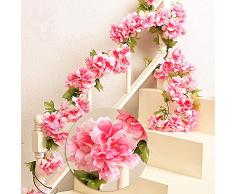 MZMing 2piecesx235cm Artificial Cereza Colgando Vid Flor Artificial Brote Flor Planta Artificial Flor Vid Hojas Para Familia Jardín Fiesta Cerca Decoración de la Boda-Rojo