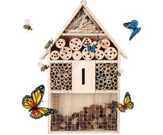 upstartech Casa para Insectos,Cajas de Insectos,Hotel para Insectos de Madera,casa Natural Cubierta metálica y Gancho Casa Nido para Abejas y Mariquitas Marrón,48x26x8 cm