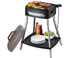 Unold Grill 58580 Barbecue Power-Barbacoa eléctrica (2000 W, Gran Placa Antiadherente, Mesa Estable con Estante, Completamente Desmontable), Negro, Gris, Acero Inoxidable