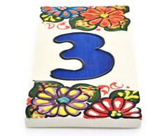 ART ESCUDELLERS Números casa. Numeros y Letras en azulejo de Ceramica Hechos y Pintados a Mano, para Placas con Nombres, direcciones y señaléctica. Diseño Jardin 14,5 cm x 7 cm. (Numero Tres 3")