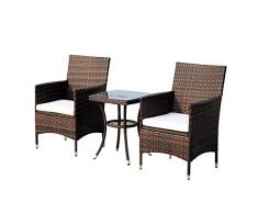 Outsunny Conjunto de Muebles Ratán para Jardín Formado por 1 Mesa y 2 Sillones con Cojines Estructura de Metal y Ratán Marrón