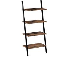 VASAGLE Estantería Escalera de Diseño Industrial, de 4 Capas, Librería, de Pared, para Sala de Estar, Cocina, Oficina, Hierro, Estable, Inclinado, Apoyado contra la Pared, Rústico, Marrón LLS43BX