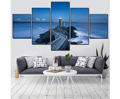 HOMOPK Cuadro en Lienzo 5 Parte Adoquín Camino Piedra Que Conduce al mar Faro Mural Panel Papel Pintado HD Imprimir Dormitorio Cocina Artesanía Decor Foto Arte Pared Fondo Regalo B,Marco