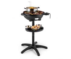 Klarstein Grill eléctrico multifunción (1600W, Parrilla de pie o Mesa, Tapa termómetro, Incluye Olla Acero INOX para freir, escurridor fritos, Barbacoa Jardin, terraza, Hierro Fundido)