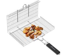 Parrilla de acero inoxidable WolfWise con mango de madera Parrilla de barbacoa plegable portátil, 42.9x43.2x4.5 cm