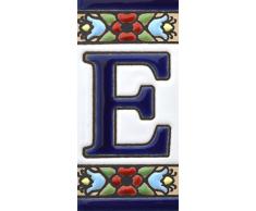 Letreros con numeros y letras en azulejo de ceramica policromada, pintados a mano en técnica cuerda seca para placas con nombres, direcciones y señaléctica. Texto personalizable. Diseño FLORES MINI 7,3 cm x 3,5 cm. (LETRA "E")