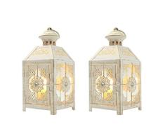JHY DESIGN Set de 2 Tardes Decorativas Linterna Colgante de Estilo Vintage de 23 cm de Alto, candelabro de Metal para Interiores al Aire Libre, Eventos, Fiestas y Bodas (Blanco con Cepillo de Oro)