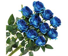 Veryhome 10 Piezas Artificial Seda Rosa Flores Falsas Ramos de Flores para La Decoración de La Boda Home Birthday Party Arrangment Jardín Decoración (Azul, Rosas florecientes)