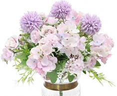 Hawesome 3 piezas de mezcla de ramo de flores de seda, hortensias y rosas artificiales, novia bouquet arreglos florales en la mesa de comedor belleza boda decoración