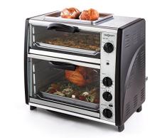 oneConcept All-You-Can-Eat Horno eléctrico doble - 2 cámaras de cocción, Parrilla superior, Capacidad Total 42 L, 2400 W, Temperatura: 60-240°C, Temporizador, Acero inoxidable, Plateado