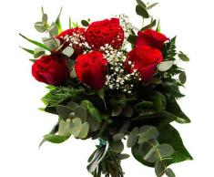 Florclick - Ramo de 6 Rosas rojas con verdes decorativos, papabel y pick corazón. Flores frescas.