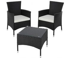 TecTake Set de jardín de poli ratán | 2 sillones y pequeña mesa con placa de cristal | Marco resistente de acero - disponible en diferentes colores - (Negro | No. 402862)
