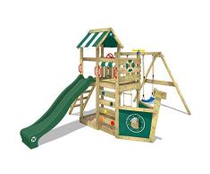 WICKEY Parque infantil de madera SeaFlyer con columpio y tobogán verde, Casa de juegos de jardín con arenero y escalera para niños